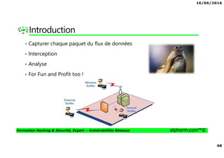 16/06/2016
68
Formation Hacking & Sécurité, Expert – Vulnérabilités Réseaux alphorm.com™©
Introduction
• Capturer chaque paquet du flux de données
• Interception
• Analyse
• For Fun and Profit too !
 