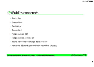 16/06/2016
8
Formation Hacking & Sécurité, Expert – Vulnérabilités Réseaux alphorm.com™©
Publics concernés
• Particulier
• Intégrateur
• Pentesteur
• Consultant
• Responsables DSI
• Responsables sécurité SI
• Toute personne en charge de la sécurité
• Personne désirant apprendre de nouvelles choses ;)
 