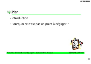 16/06/2016
96
Formation Hacking & Sécurité, Expert – Vulnérabilités Réseaux alphorm.com™©
Plan
•Introduction
•Pourquoi ce n’est pas un point à négliger ?
 
