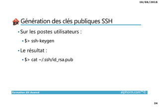 16/06/2016
24
Formation Git Avancé alphorm.com™©
Génération des clés publiques SSH
•Sur les postes utilisateurs :
$> ssh-keygen
•Le résultat :
$> cat ~/.ssh/id_rsa.pub
 