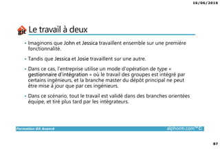 16/06/2016
87
Formation Git Avancé alphorm.com™©
Le travail à deux
• Imaginons que John et Jessica travaillent ensemble sur une première
fonctionnalité.
• Tandis que Jessica et Josie travaillent sur une autre.
• Dans ce cas, l’entreprise utilise un mode d’opération de type «
gestionnaire d’intégration » où le travail des groupes est intégré par
certains ingénieurs, et la branche master du dépôt principal ne peut
être mise à jour que par ces ingénieurs.
• Dans ce scénario, tout le travail est validé dans des branches orientées
équipe, et tiré plus tard par les intégrateurs.
 