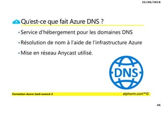 22/06/2016
45
Formation Azure IaaS avancé 3 alphorm.com™©
Qu’est-ce que fait Azure DNS ?
•Service d’hébergement pour les domaines DNS
•Résolution de nom à l’aide de l’infrastructure Azure
•Mise en réseau Anycast utilisé.
 