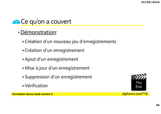 22/06/2016
56
Formation Azure IaaS avancé 3 alphorm.com™©
Ce qu’on a couvert
•Démonstration:
Création d’un nouveau jeu d’enregistrements
Création d’un enregistrement
Ajout d’un enregistrement
Mise à jour d’un enregistrement
Suppression d’un enregistrement
Vérification
 