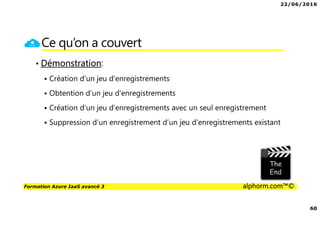 22/06/2016
60
Formation Azure IaaS avancé 3 alphorm.com™©
Ce qu’on a couvert
• Démonstration:
Création d’un jeu d'enregistrements
Obtention d’un jeu d'enregistrements
Création d’un jeu d’enregistrements avec un seul enregistrement
Suppression d’un enregistrement d’un jeu d'enregistrements existant
 