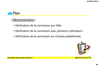 22/06/2016
95
Formation Azure IaaS avancé 3 alphorm.com™©
Plan
•Démonstration :
Vérification de la connexion aux VMs
Vérification de la connexion avec plusieurs utilisateurs
Vérification de la connexion sur d’autres plateformes
 