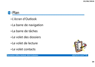 22/06/2016
39
Formation Office Outlook 2016 Initiation alphorm.com™©
Plan
•L’écran d’Outlook
•La barre de navigation
•La barre de tâches
•Le volet des dossiers
•Le volet de lecture
•Le volet contacts
 