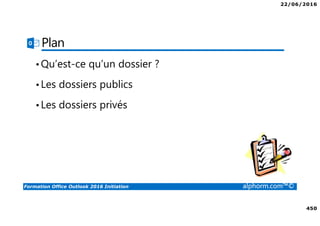 22/06/2016
450
Formation Office Outlook 2016 Initiation alphorm.com™©
Plan
•Qu’est-ce qu’un dossier ?
•Les dossiers publics
•Les dossiers privés
 