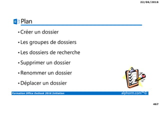 22/06/2016
10
Formation Office Outlook 2016 Initiation alphorm.com™©
Liens utiles
• https://support.office.com/fr-fr/article/Nouveaut%C3%A9s-
d-Outlook-2016-pour-Windows-51c81e7a-de25-4a34-a7fe-
bd79f8e48647
• https://support.office.com/fr-fr/article/Formation-Outlook-
2016-3175f67b-79ca-4407-997c-8d9a00b8f992
• https://blogs.microsoft.fr/office/outlook-
2016#IJGc3Bi9uTuJW72D.97
 
