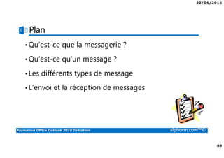 22/06/2016
69
Formation Office Outlook 2016 Initiation alphorm.com™©
Plan
•Qu’est-ce que la messagerie ?
•Qu’est-ce qu’un message ?
•Les différents types de message
•L’envoi et la réception de messages
 