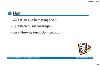22/06/2016
72
Formation Office Outlook 2016 Initiation alphorm.com™©
Plan
•Qu’est-ce que la messagerie ?
•Qu’est-ce qu’un message ?
•Les différents types de message
 