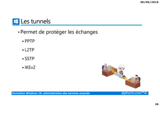 30/06/2016
3
Formation Windows 10, administration des services avancés alphorm.com™©
Presentation du formateur
Fabrice SFORZA
• fabrice@softrix.fr
• Consultant – Trainer en Virtualisation chez ITTA
(https://www.youlearnit.ch/)
• Mission d’architecture, de migration et de formation
• Microsoft MCT, MCITP, MCSE
• Citrix CCEE
• VMware VCP 4.0
• Mon Profil sur Alphorm : http://www.alphorm.com/formateur/fabrice-sforza-
chrzanowski
 