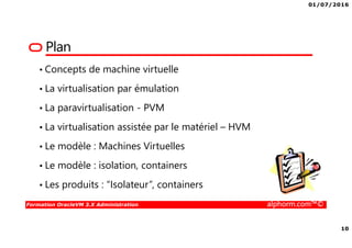01/07/2016
10
Formation OracleVM 3.X Administration alphorm.com™©
Plan
• Concepts de machine virtuelle
• La virtualisation par émulation
• La paravirtualisation - PVM
• La virtualisation assistée par le matériel – HVM
• Le modèle : Machines Virtuelles
• Le modèle : isolation, containers
• Les produits : “Isolateur”, containers
 