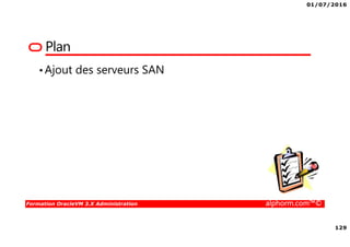 01/07/2016
14
Formation OracleVM 3.X Administration alphorm.com™©
La paravirtualisation - PVM
• Pilotes spécifiques :
Le système d'exploitation requiert
une modification au niveau du noyau
Communication entre l’hyperviseur
et le guest au travers de « backend »
PCI passthrough – DirectPass I/O
Très bonnes performances
 