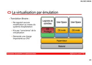 01/07/2016
13
Formation OracleVM 3.X Administration alphorm.com™©
• Translation Binaire :
Ne requiert aucune
modification au niveau du
système d'exploitation
N'a pas "conscience" de la
virtualisation
Demande une charge
importante au CPU
La virtualisation par émulation
 