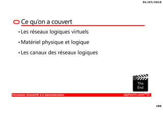 01/07/2016
17
Formation OracleVM 3.X Administration alphorm.com™©
Le modèle : isolation, containers
Matériel - Hardware
Linux – Espace Noyau
Espace Utilisateur
/
• Mode de fonctionnement « classique » de Linux
 