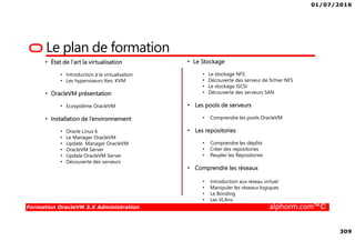 01/07/2016
309
Formation OracleVM 3.X Administration alphorm.com™©
Le plan de formation
• État de l'art la virtualisation
• Introduction à la virtualisation
• Les hyperviseurs Xen, KVM
• OracleVM présentation
• Ecosystème OracleVM
• Installation de l’environnement
• Oracle Linux 6
• Le Manager OracleVM
• Update Manager OracleVM
• OracleVM Server
• Update OracleVM Server
• Découverte des serveurs
• Le Stockage
• Le stockage NFS
• Découverte des serveur de fichier NFS
• Le stockage ISCSI
• Découverte des serveurs SAN
• Les pools de serveurs
• Comprendre les pools OracleVM
• Les repositories
• Comprendre les dépôts
• Créer des repositories
• Peupler les Repositories
• Comprendre les réseaux
• Introduction aux réseau virtuel
• Manipuler les réseaux logiques
• Le Bonding
• Les VLAns
 