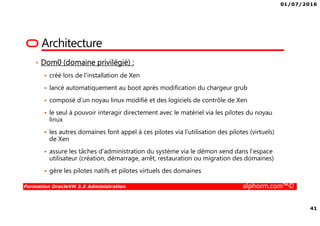 01/07/2016
41
Formation OracleVM 3.X Administration alphorm.com™©
Architecture
• Dom0 (domaine privilégié) :
créé lors de l'installation de Xen
lancé automatiquement au boot après modification du chargeur grub
composé d'un noyau linux modifié et des logiciels de contrôle de Xen
le seul à pouvoir interagir directement avec le matériel via les pilotes du noyau
linux
les autres domaines font appel à ces pilotes via l'utilisation des pilotes (virtuels)
de Xen
assure les tâches d'administration du système via le démon xend dans l’espace
utilisateur (création, démarrage, arrêt, restauration ou migration des domaines)
gère les pilotes natifs et pilotes virtuels des domaines
 