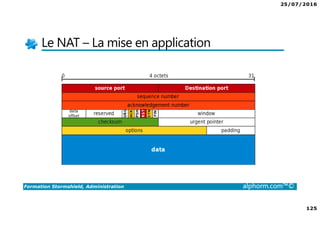 25/07/2016
125
Formation Stormshield, Administration alphorm.com™©
Le NAT – La mise en application
 