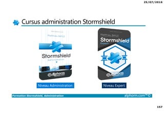 25/07/2016
157
Formation Stormshield, Administration alphorm.com™©
Cursus administration Stormshield
Niveau Administration Niveau Expert
 