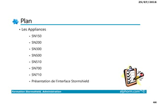 25/07/2016
44
Formation Stormshield, Administration alphorm.com™©
Plan
• Les Appliances
• SN150
• SN200
• SN300
• SN500
• SN510
• SN700
• SN710
• Présentation de l’interface Stormshield
 
