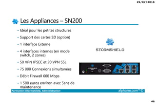 25/07/2016
46
Formation Stormshield, Administration alphorm.com™©
Les Appliances – SN200
• Idéal pour les petites structures
• Support des cartes SD (option)
• 1 interface Externe
• 4 interfaces internes (en mode
switch, 2 zones)
• 50 VPN IPSEC et 20 VPN SSL
• 75 000 Connexions simultanées
• Débit Firewall 600 Mbps
• 1 500 euros environ avec 5ans de
maintenance
 