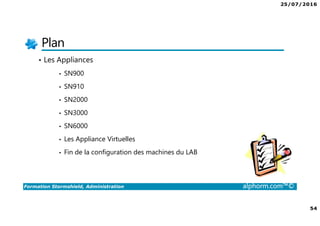 25/07/2016
4
Formation Stormshield, Administration alphorm.com™©
L’intérêt de Firewall dans une infrastructure
• Rendre accessible des ressources (Web, applicative etc.)
• Protéger le réseau interne
• Filtrer les accès à internet
• Respecter la loi
• Créer des accès distants (VPN pour les collaborateurs ou entre sites)
• Filtrer les accès entrants ou sortants
 