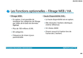 25/07/2016
69
Formation Stormshield, Administration alphorm.com™©
Les Fonctions optionnelles – Filtrage WEB / HA
• Filtrage WEB :
En option, il est possible de
remplacer les catégories de filtrage
par celles de la base de données
Optinet
Plus de 100 millions d’URL
60 catégories
Fréquence de mises à jours
paramétrable
• Haute Disponibilité (HA) :
La haute disponibilité est en option.
Elle nécessite 2 boitiers identiques
(même référence)
Un réseau dédié
D’avoir souscrit à l’option lors de
l’achat des 2 boitiers.
 