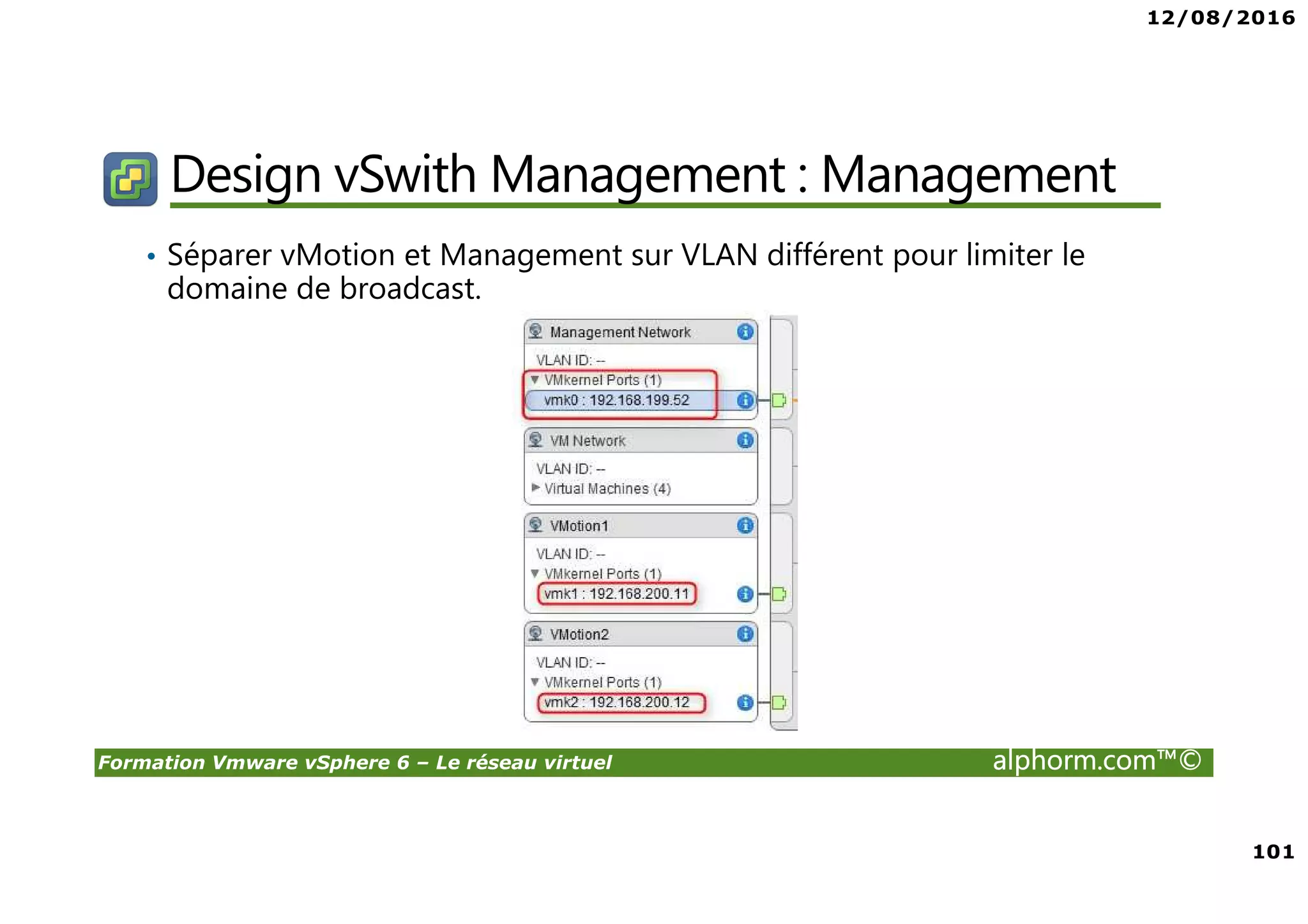 12/08/2016
101
Formation Vmware vSphere 6 – Le réseau virtuel alphorm.com™©
Design vSwith Management : Management
• Séparer vMotion et Management sur VLAN différent pour limiter le
domaine de broadcast.
 