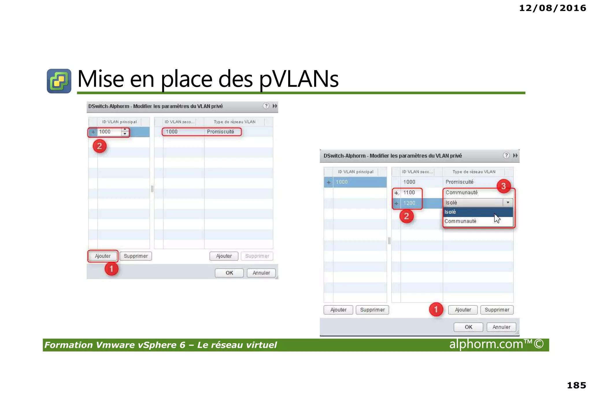 12/08/2016
185
Formation Vmware vSphere 6 – Le réseau virtuel alphorm.com™©
Mise en place des pVLANs
 