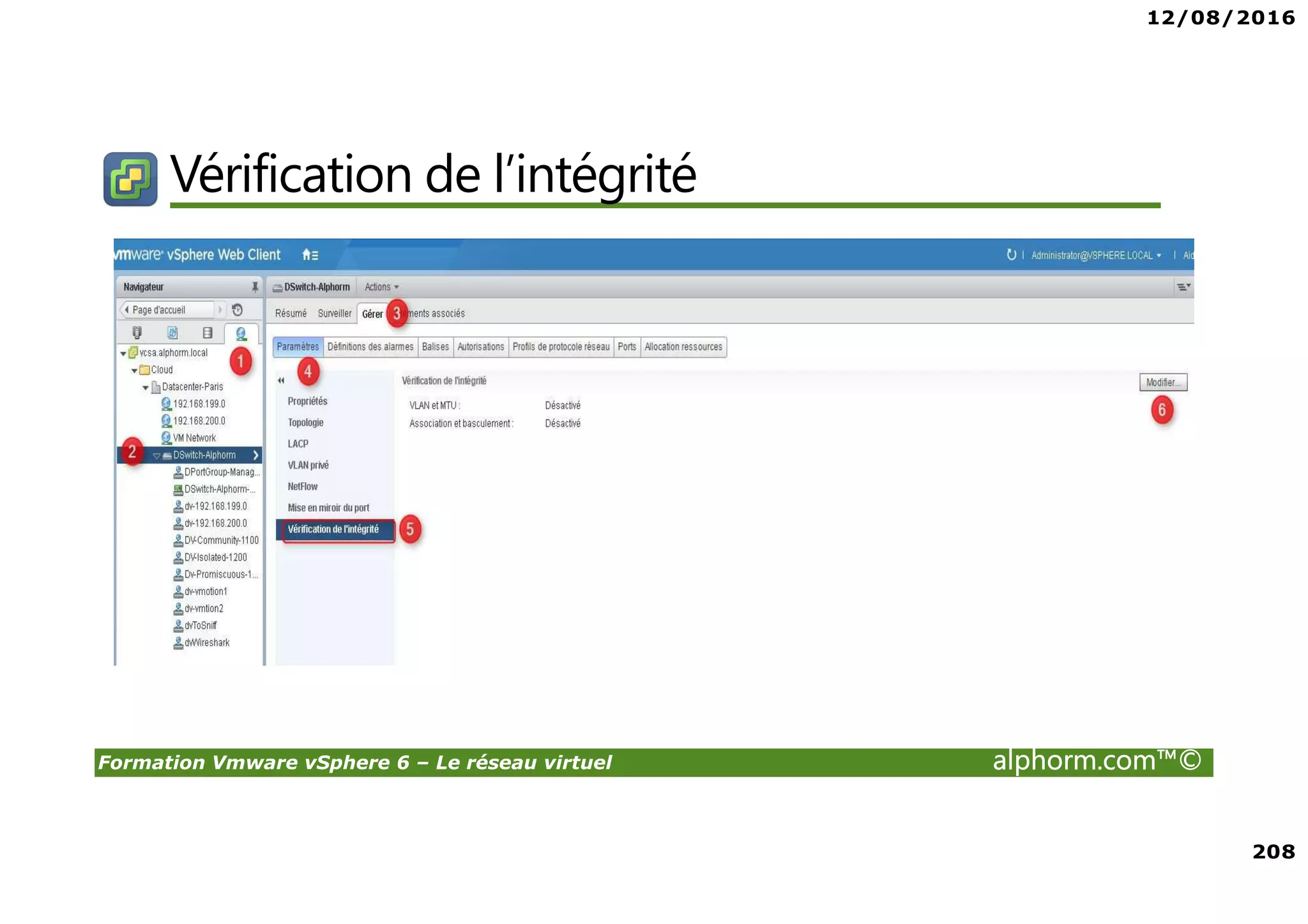 12/08/2016
208
Formation Vmware vSphere 6 – Le réseau virtuel alphorm.com™©
Vérification de l’intégrité
 