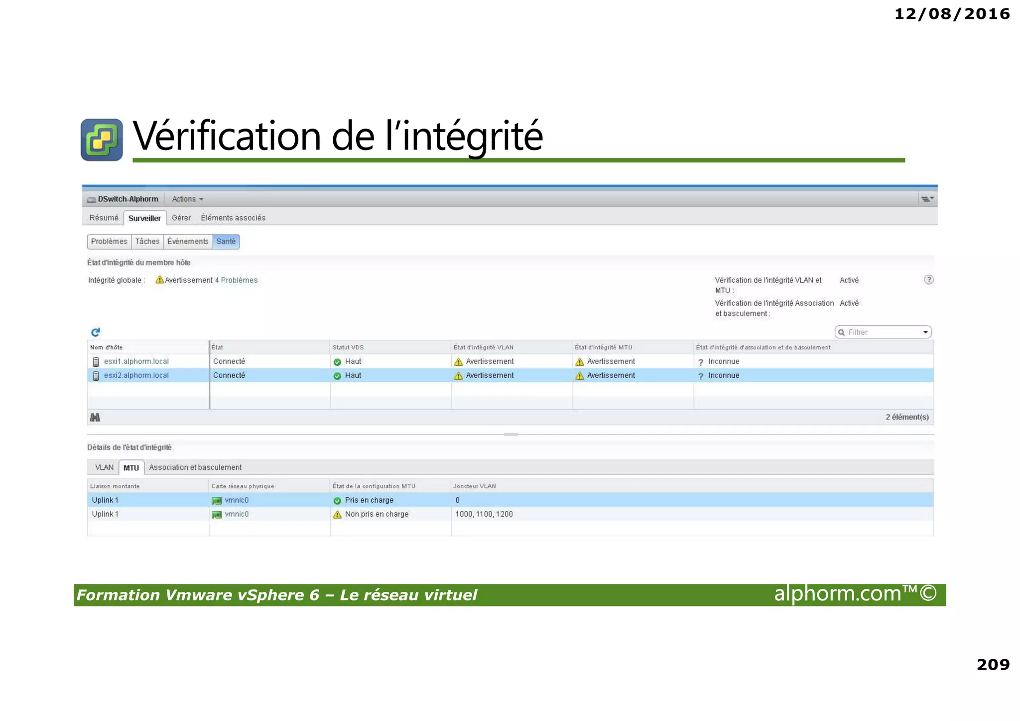 12/08/2016
209
Formation Vmware vSphere 6 – Le réseau virtuel alphorm.com™©
Vérification de l’intégrité
 