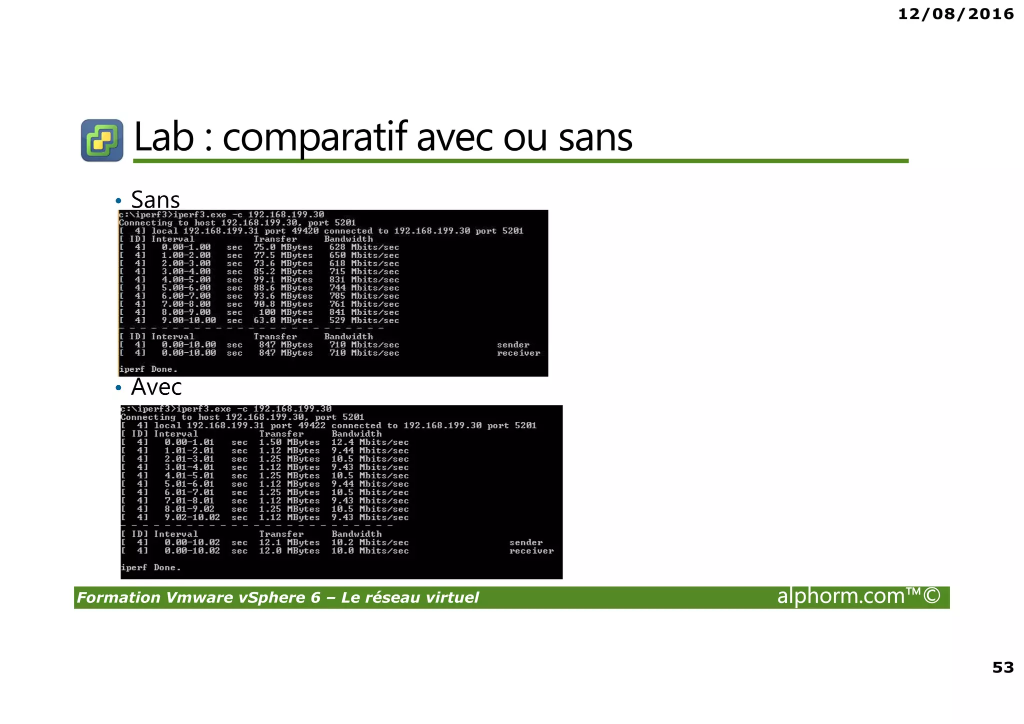 12/08/2016
53
Formation Vmware vSphere 6 – Le réseau virtuel alphorm.com™©
Lab : comparatif avec ou sans
• Sans
• Avec
 