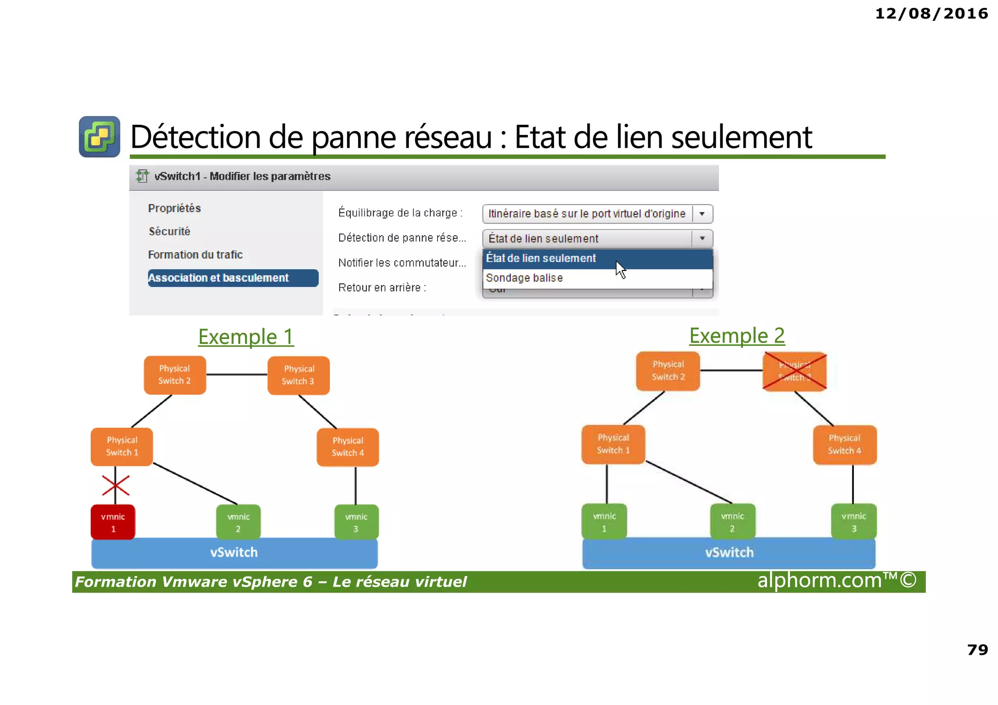 12/08/2016
79
Formation Vmware vSphere 6 – Le réseau virtuel alphorm.com™©
Détection de panne réseau : Etat de lien seulement
Exemple 1 Exemple 2
 