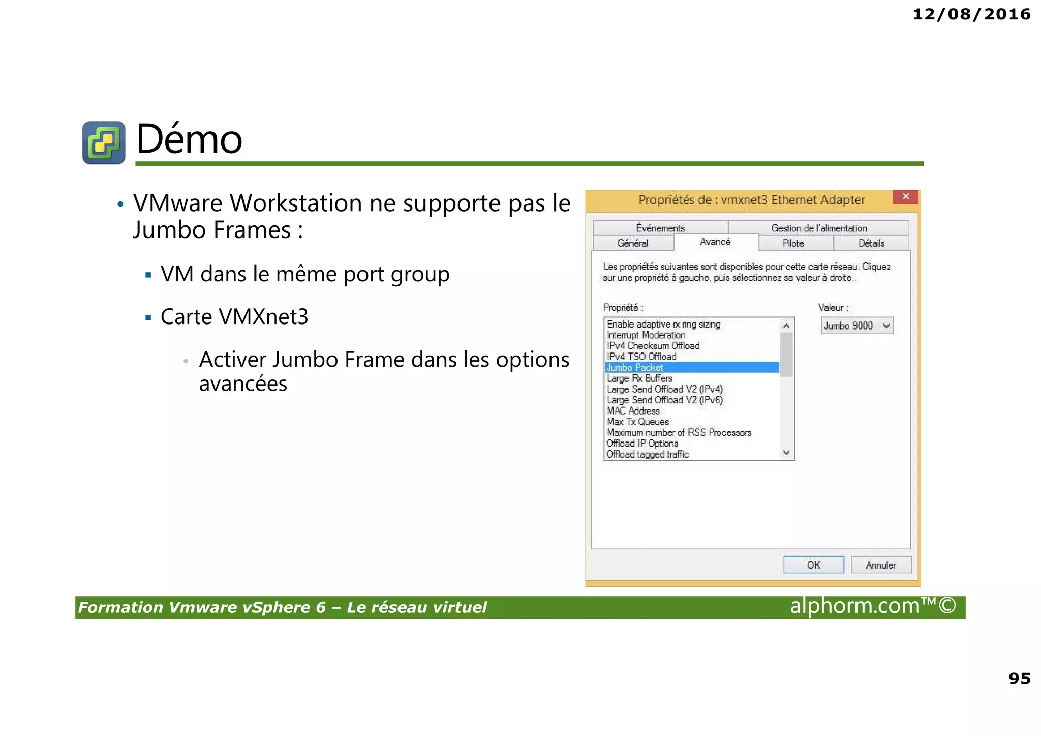 12/08/2016
95
Formation Vmware vSphere 6 – Le réseau virtuel alphorm.com™©
Démo
• VMware Workstation ne supporte pas le
Jumbo Frames :
VM dans le même port group
Carte VMXnet3
• Activer Jumbo Frame dans les options
avancées
 