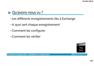 16/09/2016
167
Formation Exchange 2016 : Installation et Configuration alphorm.com™©
Qu’avons-nous vu ?
•Les différents enregistrements liés à Exchange
•A quoi sert chaque enregistrement
•Comment les configurer
•Comment les vérifier
 