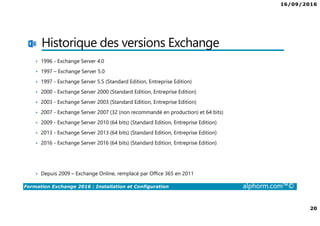 16/09/2016
20
Formation Exchange 2016 : Installation et Configuration alphorm.com™©
Historique des versions Exchange
• 1996 - Exchange Server 4.0
• 1997 – Exchange Server 5.0
• 1997 - Exchange Server 5.5 (Standard Edition, Entreprise Edition)
• 2000 - Exchange Server 2000 (Standard Edition, Entreprise Edition)
• 2003 - Exchange Server 2003 (Standard Edition, Entreprise Edition)
• 2007 - Exchange Server 2007 (32 (non recommandé en production) et 64 bits)
• 2009 - Exchange Server 2010 (64 bits) (Standard Edition, Entreprise Edition)
• 2013 - Exchange Server 2013 (64 bits) (Standard Edition, Entreprise Edition)
• 2016 - Exchange Server 2016 (64 bits) (Standard Edition, Entreprise Edition)
• Depuis 2009 – Exchange Online, remplacé par Office 365 en 2011
 