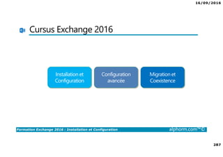16/09/2016
287
Formation Exchange 2016 : Installation et Configuration alphorm.com™©
Cursus Exchange 2016
Configuration
avancée
Installation et
Configuration
Migration et
Coexistence
 