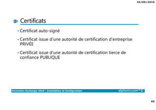 16/09/2016
65
Formation Exchange 2016 : Installation et Configuration alphorm.com™©
Certificats
• Certificat auto-signé
• Certificat issue d’une autorité de certification d’entreprise
PRIVÉE
• Certificat issue d’une autorité de certification tierce de
confiance PUBLIQUE
 