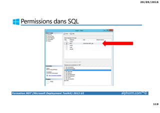 29/09/2016
119
Formation MDT (Microsoft Deployment Toolkit) 2013 U2 alphorm.com™©
Permissions dans SQL
 