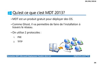 29/09/2016
26
Formation MDT (Microsoft Deployment Toolkit) 2013 U2 alphorm.com™©
Qu’est ce que c’est MDT 2013?
• MDT est un produit gratuit pour déployer des OS.
• Comme Ghost, il va permettre de faire de l’installation à
travers le réseau.
• On utilise 2 protocoles :
1. PXE
2. TFTP
 