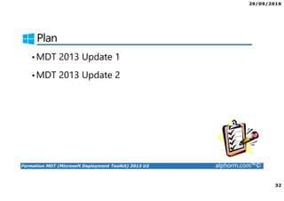 29/09/2016
4
Formation MDT (Microsoft Deployment Toolkit) 2013 U2 alphorm.com™©
Mes formations sur Alphorm
 