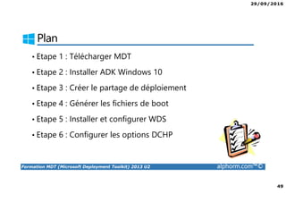 29/09/2016
49
Formation MDT (Microsoft Deployment Toolkit) 2013 U2 alphorm.com™©
Plan
• Etape 1 : Télécharger MDT
• Etape 2 : Installer ADK Windows 10
• Etape 3 : Créer le partage de déploiement
• Etape 4 : Générer les fichiers de boot
• Etape 5 : Installer et configurer WDS
• Etape 6 : Configurer les options DCHP
 