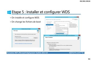 29/09/2016
54
Formation MDT (Microsoft Deployment Toolkit) 2013 U2 alphorm.com™©
Etape 5 : Installer et configurer WDS
• On installe et configure WDS
• On change les fichiers de boot
 