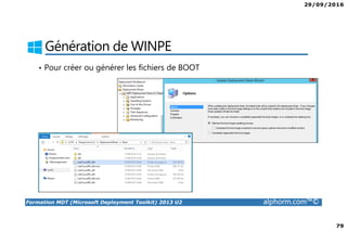 29/09/2016
79
Formation MDT (Microsoft Deployment Toolkit) 2013 U2 alphorm.com™©
Génération de WINPE
• Pour créer ou générer les fichiers de BOOT
 