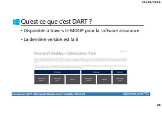 29/09/2016
98
Formation MDT (Microsoft Deployment Toolkit) 2013 U2 alphorm.com™©
Qu’est ce que c’est DART ?
• Disponible à travers le MDOP pour la software assurance
• La dernière version est la 8
 