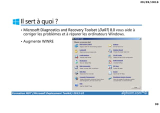 29/09/2016
99
Formation MDT (Microsoft Deployment Toolkit) 2013 U2 alphorm.com™©
Il sert à quoi ?
• Microsoft Diagnostics and Recovery Toolset (DaRT) 8.0 vous aide à
corriger les problèmes et à réparer les ordinateurs Windows.
• Augmente WINRE
 