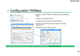 29/09/2016
3
Formation Microsoft Identity Manager (MIM) 2016 Implémentation alphorm.com™©
Présentation du formateur
Emmanuel Vinazza
• evinazza@tikisoft.eu
• Consultant Expert FIM & Exchange & SharePoint
• Mission d’architecture, de migration et de formation
• MCT, MCP, MCTS et MCSE Messaging
• Ma mission actuelle
• Mes références :
Mon profil Viadeo http://www.viadeo.com/fr/profile/emmanuel.vinazza
Mes certification Microsoft (Login : VINAZZA – Mot de passe : 1109) :
https://mcp.microsoft.com/authenticate/validatemcp.aspx
Mes références en tant qu’auteur : http://www.editions-eni.fr/livres/emmanuel-
vinazza/.02d03a0154a79cf05d169d1b91db83ff.html#!WithAjaxContent
 