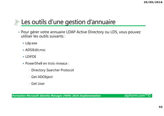 29/09/2016
4
Formation Microsoft Identity Manager (MIM) 2016 Implémentation alphorm.com™©
Mes formations sur Alphorm
 