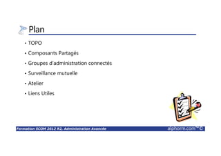 Formation SCOM 2012 R2, Administration Avancée alphorm.com™©
Plan
• TOPO
• Composants Partagés
• Groupes d’administration connectés
• Surveillance mutuelle
• Atelier
• Liens Utiles
 