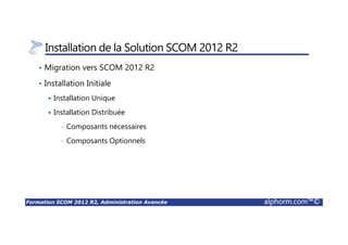 Formation SCOM 2012 R2, Administration Avancée alphorm.com™©
Installation de la Solution SCOM 2012 R2
• Migration vers SCOM 2012 R2
• Installation Initiale
Installation Unique
Installation Distribuée
• Composants nécessaires
• Composants Optionnels
 